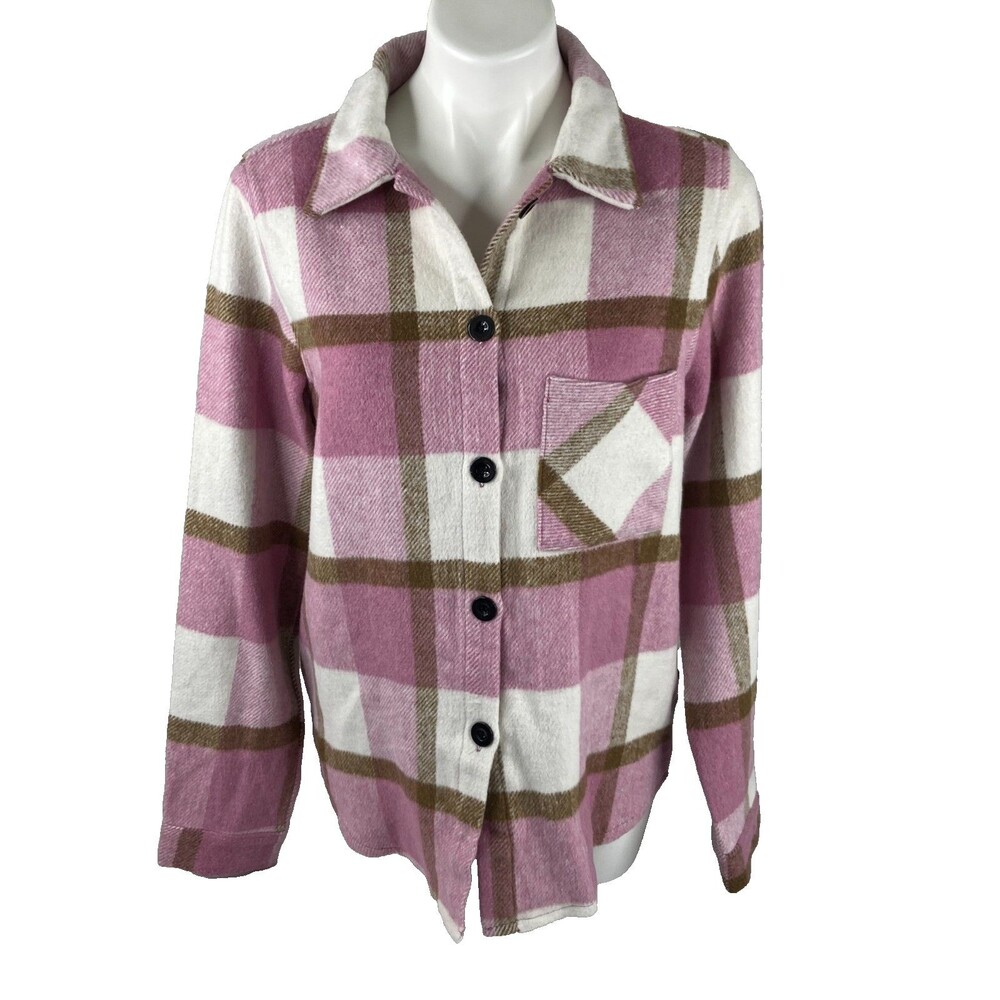 e Luna Women Large Flannel Jacket Pink White Plaid Outdoor NWT
